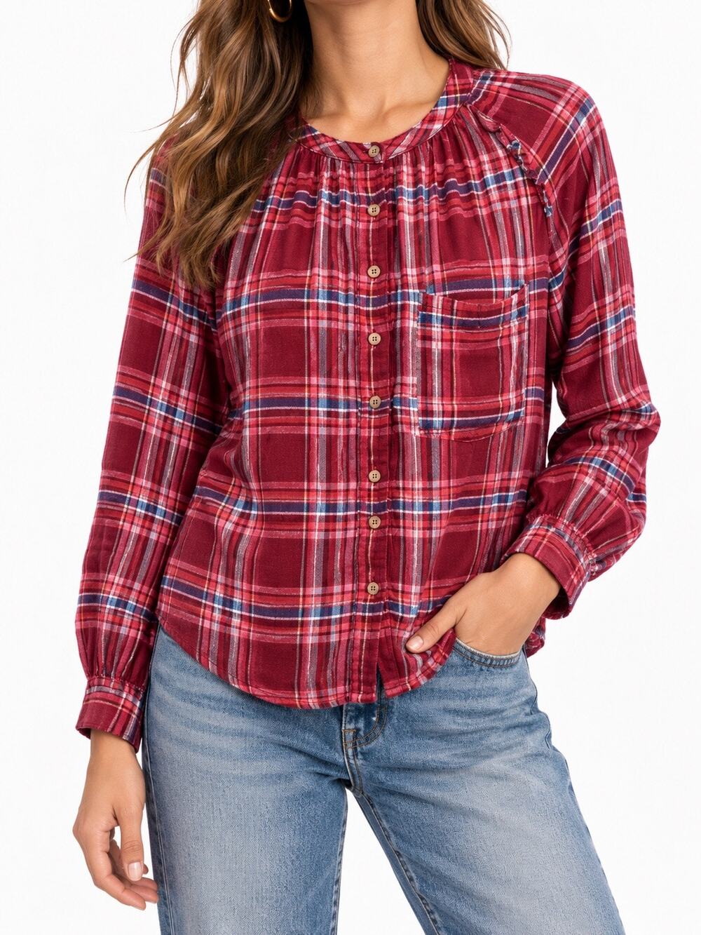 Anthropologie Pilcro Medium Red Plaid Wool Blend Blouse Boho Cottage Soft